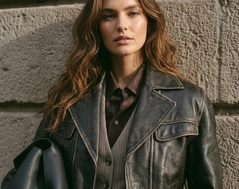 Women's  Brown Oversized Real-Leather Bomber-Jacket with Button, Premium-Distressed leather-Outerwear, Vintage-Motorbike Jacket Gift for Her