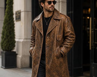 Handgefertigter Herren-Trenchcoat aus braunem Echtleder im Used-Look | Maßgeschneiderter Vintage-Herrenmantel im Streetwear-Stil | Geschenkidee für Ihn