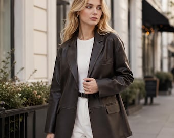 Women's Handmade Oversized Brown Real Leather Blazer | Custom Vintage Office-Wear, Tailored-Coat, Classic Ladies-Overcoat | Gift-For-Her