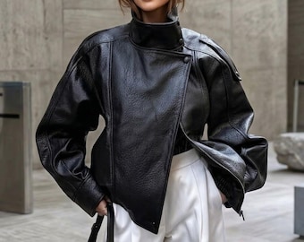 90er Jahre Handgefertigte Bomber Oversized Schwarze Echt Lammfell Lederjacke Für Damen | Vintage Fashion-Oberbekleidung | Geschenk für Sie, personalisiertes Geschenk