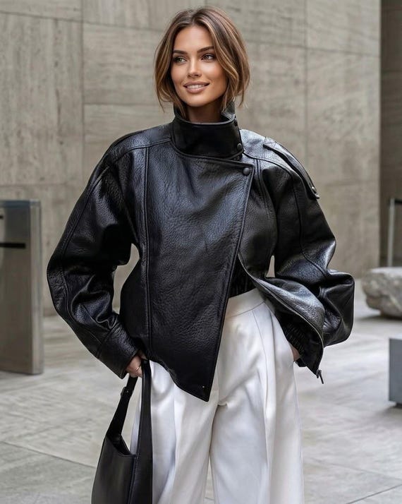 90s Handmade Bomber Oversized Black Real Lambskin Leather-Jacket For Women's | Vintage Fashion-Outerwear | Gift-For-Her, Personalized-Gift