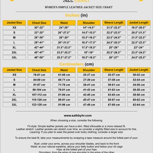 May include: A size chart for a simple leather jacket featuring two tables with measurements in inches and centimeters. The chart lists sizes from XS to 3XL, including chest, waist, shoulder, sleeve length, and jacket length. Text provides fitting advice.