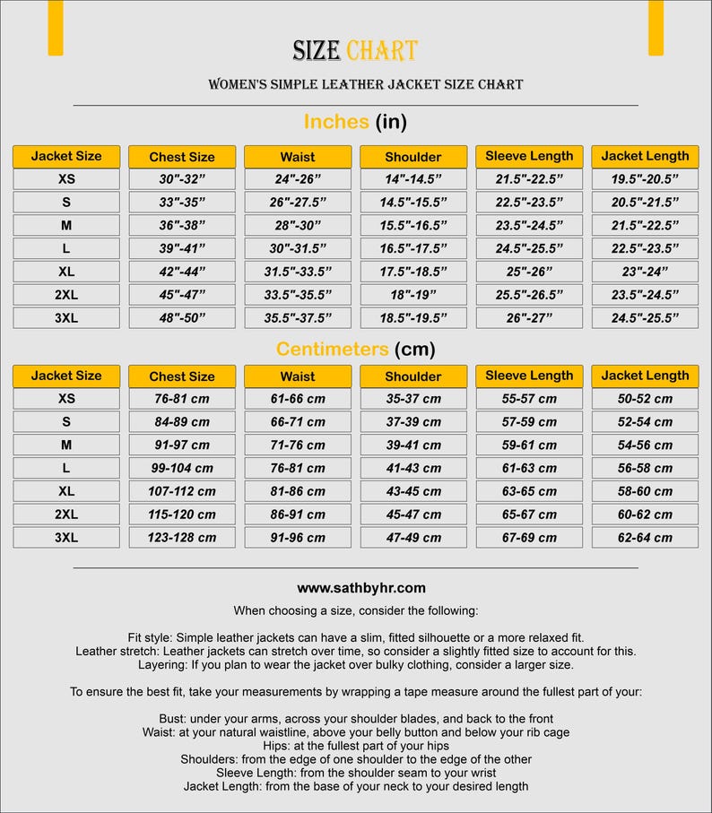 May include: A size chart for a simple leather jacket featuring two tables with measurements in inches and centimeters. The chart lists sizes from XS to 3XL, including chest, waist, shoulder, sleeve length, and jacket length. Text provides fitting advice.