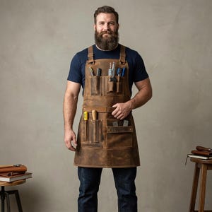 Könnte beinhalten: Braune Lederschürze mit mehreren Taschen, getragen von einer Person. Die Schürze hat verschiedene Werkzeuge in den Taschen, darunter Schraubendreher und ein Maßband. Entworfen für die Holzbearbeitung oder das Handwerk.