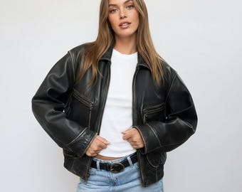 Women Distressed-Black Oversized Vintage Real-Sheep-Leather Jacket, Ladies Distress Bomber-Aviator Biker Classic Streetwear Fashion Outwear