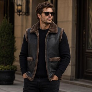 Men's Shearling Vest, Handmade Black Real Leather Waistcoat, Faux-Fur-Vest | Classic Winter Biker-Style Sleeveless-Jacket | Gift-For-Him