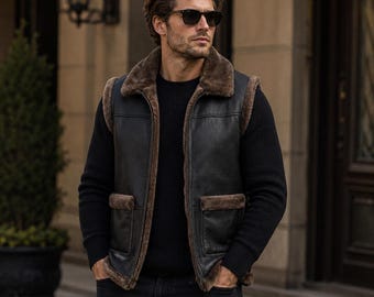 Herren-Shearlingweste, handgefertigte schwarze Echtlederweste, Kunstpelzweste | Klassische ärmellose Winterjacke im Biker-Stil | Geschenkidee für Ihn