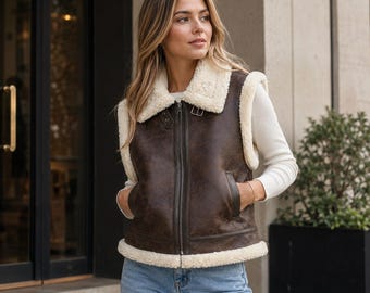 Handgefertigte Damenweste aus braunem Kunstpelz und Echtleder, klassischer Biker-Stil, ärmellose Winterjacke | Geschenkidee für Sie