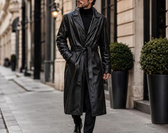 Handgefertigter Herren-Trenchcoat aus schwarzem Lammleder | Klassischer Vintage-Mantel, taillierter Langmantel mit Gürtel, formeller Mantel | Geschenkidee für Ihn