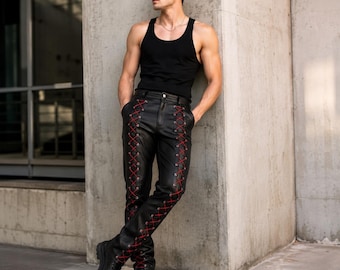 Handgefertigte Herren-Schnürhose aus schwarzem Lammleder | Vintage-Bikerhose in schmaler Passform, Gay-Hose, Gothic-Kleidung für Herren | Geschenkidee für Ihn
