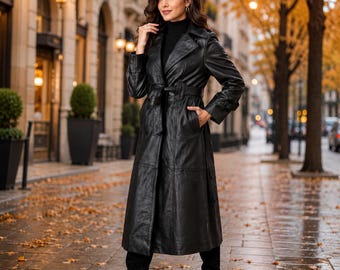 Handgefertigter schwarzer Trenchcoat aus echtem Lammleder für Damen, winterwarmer, langer Mantel mit Gürtel, luxuriöser Damenmantel in voller Länge | Geschenkidee für Sie