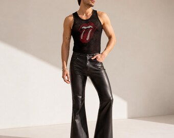 Men's Vintage Slim-Fit Black Real Leather Pant, Gay-Pants | Classic Handmade Flared-Leg-Pant, Skinny-Trouser, Festival-Wear | Gift-For-Him
