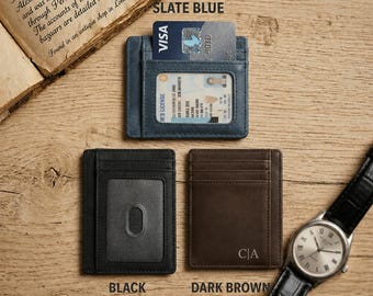 Portafoglio da tasca frontale fatto a mano, porta carte sottile in vera pelle / Porta carte minimalista con incisione, porta documenti / Regalo personalizzato, Regalo per lei