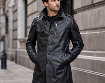 90s Style Vintage Black Real Leather Long Coat, Trench-Coat | Handmade-Men's Biker-Style Tailored-Fit-Outerwear, Formal-Coat | Gift-For-Him