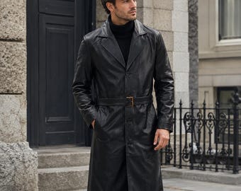 Vintage-Biker-Trenchcoat für Herren aus schwarzem Echtleder (Lamm), klassischer, langer Herrenmantel mit Gürtel | Handgefertigter Mantel im Retro-Stil | Geschenkidee für Ihn