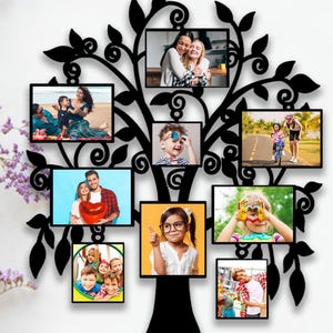 May include: Black metal family photo tree with multiple picture frames. The tree-shaped frame holds various family photos, creating a decorative display. The frames are arranged to resemble leaves on the tree branches, perfect for showcasing memories.