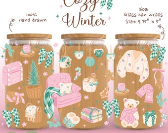 Cozy Winter Glass Can Wrap PNG, Coquette Christmas 16oz Libbey Cup Wrap, Cute Holiday Sublimation Design