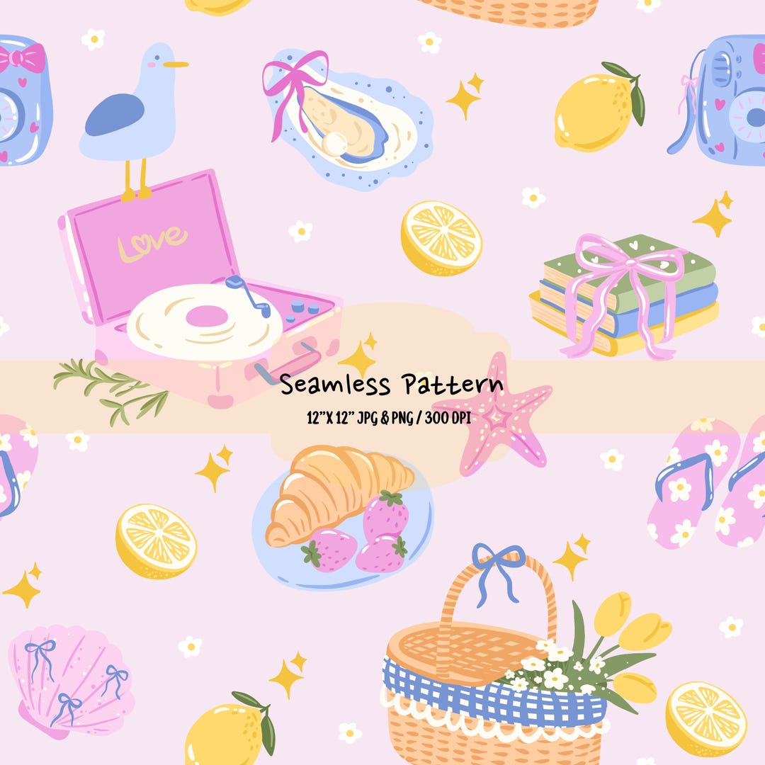 Pastel Summer Seamless Pattern, Cute Beach Digital Paper, Girly Picnic