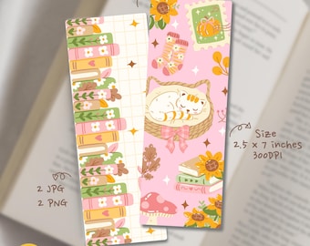 Fall Bookish Printable Bookmark Set, Cute Cat Bookmark, Book Lover Gift, Autumn Reading Bookmark, Cozy Reader Accessory