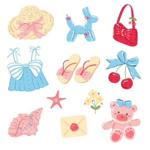 May include: A collection of whimsical illustrations featuring a straw hat with a pink bow, a blue balloon animal, a red handbag, a blue top, flip-flops, a starfish, a seashell, an envelope, and a pink teddy bear.