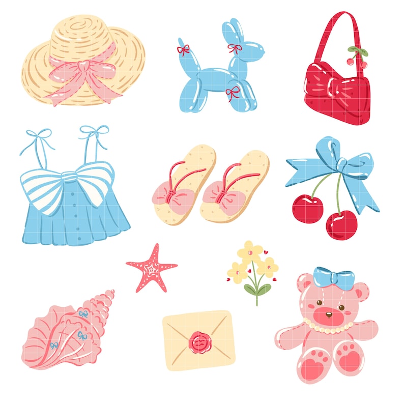 May include: A collection of whimsical illustrations featuring a straw hat with a pink bow, a blue balloon animal, a red handbag, a blue top, flip-flops, a starfish, a seashell, an envelope, and a pink teddy bear.