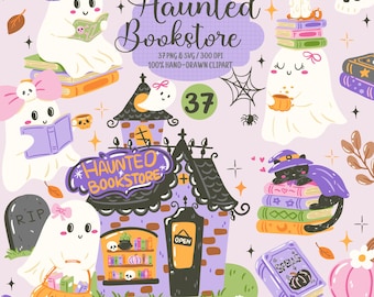 Haunted Bookstore Clipart Bundle, Cute Ghost Halloween PNG SVG, Bookish Clipart, Witchy Books, Spooky Cute Digital Download