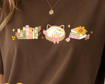 Cozy Bookish Fall Shirt PNG, Autumn Cat T Shirt Design, Book Lover PNG, Reading Shirt Design, Coquette Sublimation PNG, Teacher Gift