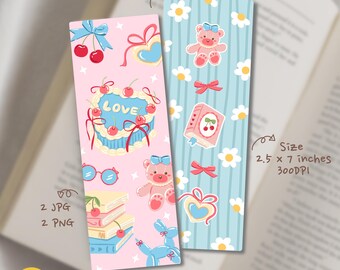 Cute Bookish Cherry Bookmark PNG Printable | Coquette Teddy Bear Bookmark | Reading Bookmark for Book Lovers | Aesthetic Printable Bookmark