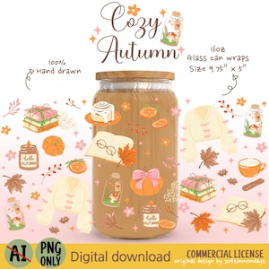 May include: A 16oz glass can wrap featuring a digital design with the text Cozy Autumn. The pattern includes illustrations of books, pumpkins, orange slices, candles, sweaters, and jars with mushrooms, measuring 9.75 inches by 5 inches.