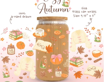 Cozy Autumn Glass Can Wrap PNG, Fall Libbey 16oz Wrap, Bookish Pumpkin Cup Wrap, Coquette Glass Cup PNG, Sublimation Tumbler Design
