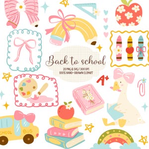 Puede incluir: Un conjunto de ilustraciones con temática de vuelta al cole. Incluye un autobús escolar amarillo, lápices con lazos, una pila de libros con una manzana y el texto "Back to school".
