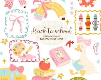 Back To School Clipart PNG, Cute School Supplies Bundle, Coquette Teacher Aesthetic, Pastel Stationery Clipart