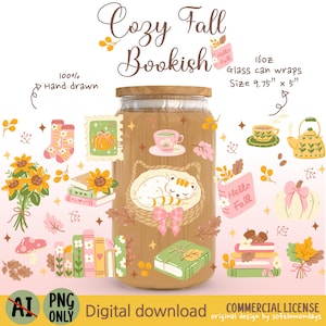 Puede incluir: Un diseño de envoltura para vaso titulado Cozy Fall Bookish con ilustraciones dibujadas a mano de un gato durmiendo en una cesta, libros, girasoles, calabazas, té y hojas de otoño. El tamaño es de 24,77 cm por 12,7 cm.