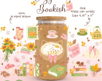 Cozy Fall Glass Can Wrap PNG, Bookish Autumn Libbey 16oz Wrap, Reading Girl Fall Tumbler Design, Tea Lover Cup Wrap, Book Lover PNG