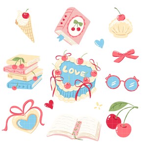 May include: A collection of whimsical illustrations featuring a variety of items. These include a cherry-topped ice cream cone, a pink book with cherry illustrations, a heart-shaped cake with the word "LOVE", and a pair of round glasses with pink bows.