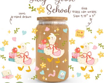 Silly Goose School Glass Can Wrap PNG, 16oz Libbey Glass Wrap, Back To School Teacher Gift, Bookish Goose Coquette PNG