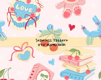 Coquette Cherry Pattern PNG, Girly Bookish Digital Paper, Cute Bow Seamless Pattern, Kawaii Cherry Background, Pastel Scrapbook Paper