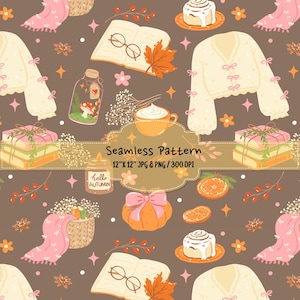 May include: A seamless pattern on a brown background featuring illustrations of cream-coloured cardigans with bows, open books with glasses, orange pumpkins with pink bows, cinnamon rolls, mugs of coffee, and candles labelled hello AUTUMN.