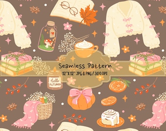 Cozy Autumn Seamless Pattern, Fall Digital Paper, Bookish Coquette Pattern, Pumpkin Bow, Cozy Sweater, Scrapbook Paper PNG JPG
