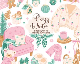 Cozy Winter Clipart Bundle, Cozy Christmas Clipart, Pastel Christmas PNG, Cute Winter Clip Art, Hand Drawn Holiday Graphics