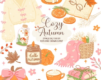 Cozy Autumn Clipart Bundle, Fall Clipart PNG SVG, Pumpkin Coffee Bookish Clipart, Cozy Fall Graphics, Autumn Aesthetic Digital Download