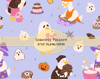 Spooky Goose Halloween Seamless Pattern, Silly Geese Baking Digital Paper, Cute Ghost Pumpkin Fabric Design, JPG PNG 12x12 300 DPI