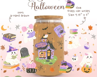 Bookish Halloween Glass Can Wrap PNG | Cute Ghost Libbey 16oz Wrap | Spooky Book Lover Cup Wrap | Reading Ghost Sublimation Design