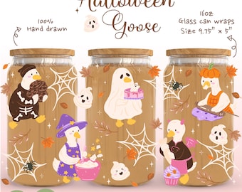 Cute Halloween Goose Glass Can Wrap PNG, 16oz Libbey Can Wrap, Spooky Baking Goose Tumbler Sublimation Design
