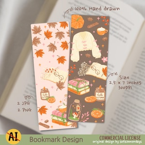 May include: Two rectangular bookmarks measuring 2.5 x 7 inches. The left bookmark has a light pink background with orange and brown autumn leaves, an open book with glasses, a candle labeled hello autumn, and stacked books. The right bookmark has a dark brown background with a pumpkin, sweater, coffee, open book, stacked books, and a jar with a mushroom.