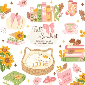 Op de afbeelding: Een digitale collectie herfst-thema illustraties met een slapende kat in een mand, stapels boeken, een pompoen met een roze strik, zonnebloemen, een theekopje, sokken en eikels. De centrale tekst luidt Fall Bookish 23 PNG & SVG 300 DPI 100% HAND-DRAWN CLIPART.