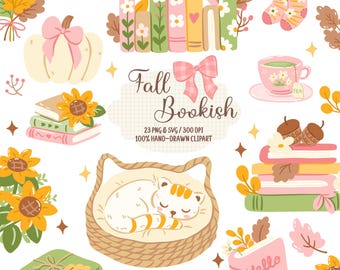 Fall Bookish Clipart PNG SVG, Cozy Autumn Clipart, Book Lover Clipart, Coquette Fall Graphics, Sunflower Pumpkin Books