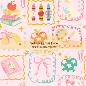 May include: A seamless pattern on a light pink background featuring illustrations of books, crayons, a goose, a paint palette, apples, and bows. Text in the center reads Seamless Pattern 12"x12" JPG & PNG / 300 DPI. The design includes stars and hearts.