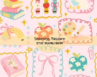 Back to School Seamless Pattern, Coquette School Digital Paper, Teacher Apple Pattern, Bookish Seamless Background, Cute Pastel Pattern PNG