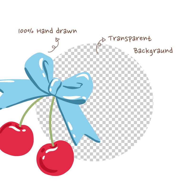 May include: A hand-drawn illustration featuring two red cherries with green stems and a light blue bow. The text reads "100% Hand drawn" and "Transparent Background". The design is set against a transparent background.